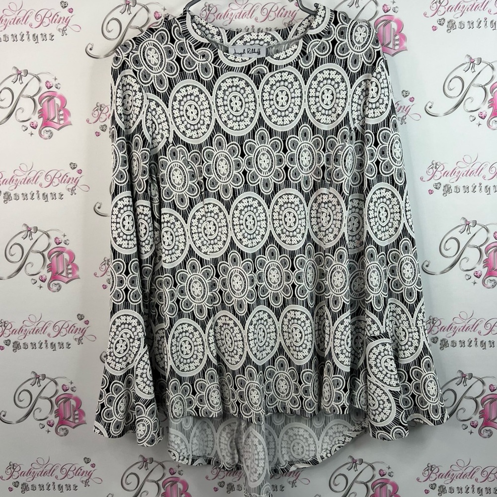 Joseph Ribkoff long sleeve bell bottom paisley Monochrome Circular Design Blouse